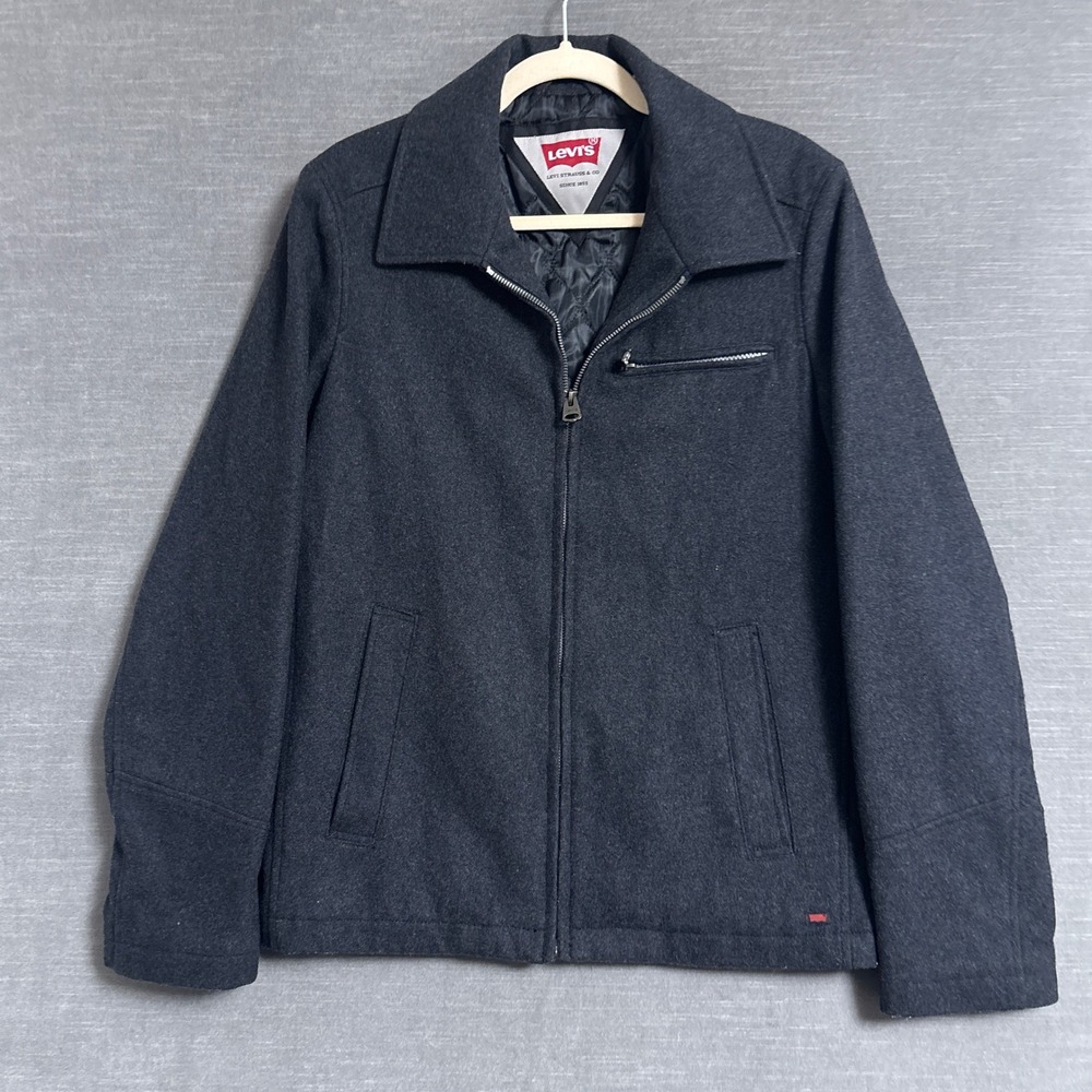 Levis Jacket S Charcoal Gray Wool Blend Quilt Lined Full Zip Workwear Warm Fall